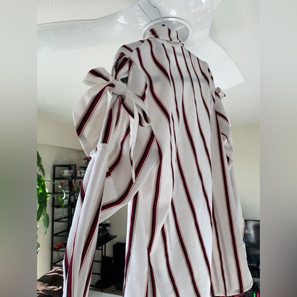 White blouse with red stripes and bowknot great for business casual/smart casual